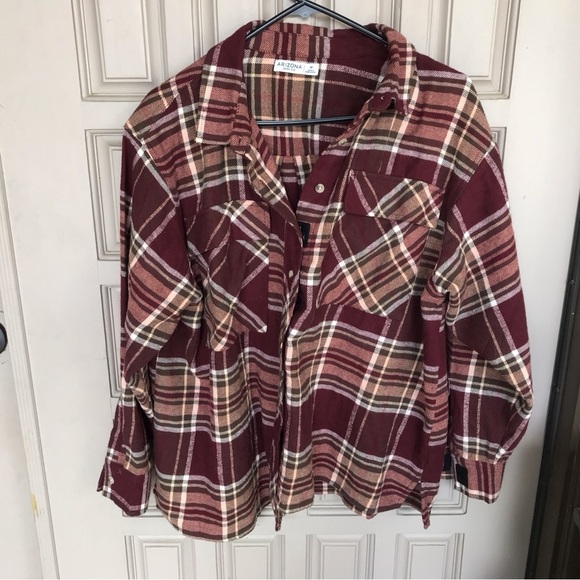 Arizona jean company a flannel jacket, brown plaid collar cuffs SzM Velcro - Picture 1 of 8